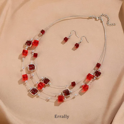 Vista 2 de Collar de cuentas de plata en capas para mujer, cuentas de cristal cuadradas, collar y aretes, disfraces de moda, conjuntos de joyas para mujer