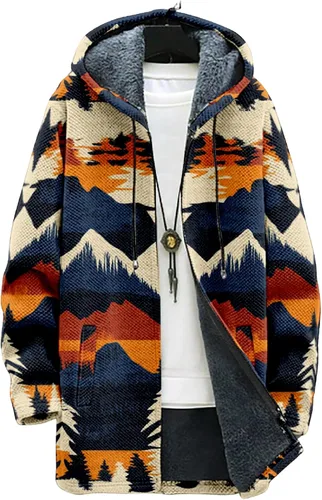 Vista 20 de Chaqueta de forro polar con capucha para hombre, con estampado azteca, de algodón pesado, con cremallera, manga larga, chaqueta con capucha