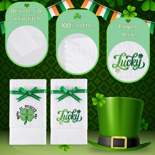 Vista 4 de Quera Paquete de 2 toallas de mano para el día de San Patricio, trébol de la suerte, 100% algodón, bordadas, decoración de lujo, juego de toallas