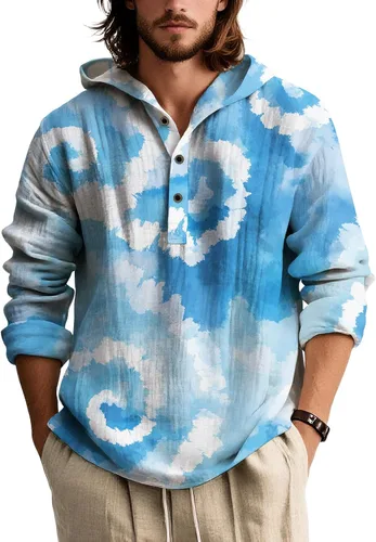 Vista 13 de Camisas de manga larga con estampado de teñido anudado para hombre, sudadera con capucha de 3 botones, sudadera retro cómoda con capucha