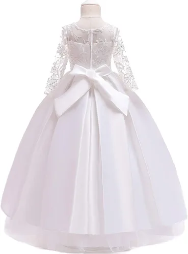 Vista 3 de FMYFWY Vestido de manga larga de encaje de tul para niñas, vestido de princesa para boda, cumpleaños, concurso, fiesta, comunión, baile