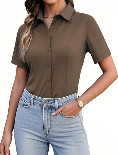 Vista 23 de Siliteelon Camisetas de Botón para Mujer, Ajustadas, de Manga Corta, Elásticas, Camisa de Vestir, Sin Arrugas, Sólida, Blusa de Trabajo