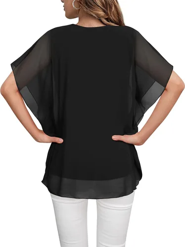 Vista 3 de Lotusmile Camisa holgada de gasa de doble capa con volantes y mangas con volantes para mujer