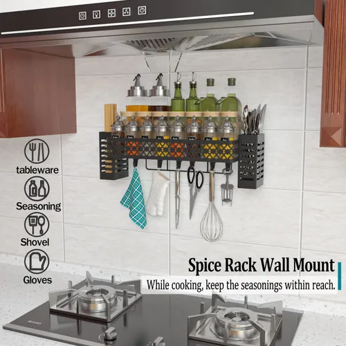 Vista 2 de Estante de especias colgante para montaje en pared, estante organizador de especias sobre estufa con soporte para utensilios para colgar