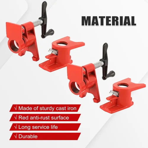 Vista 3 de Juego de abrazaderas para tuberías de madera de 3/4" con diseño de pie único rojo. Abrazaderas de barra resistentes de hierro fundido de liberación