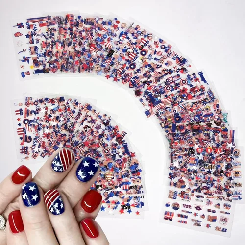 Vista 3 de 30 hojas de calcomanías de uñas del 4 de julio para arte de uñas, Día de la Independencia, calcomanías de arte en 3D, autoadhesivas, bandera