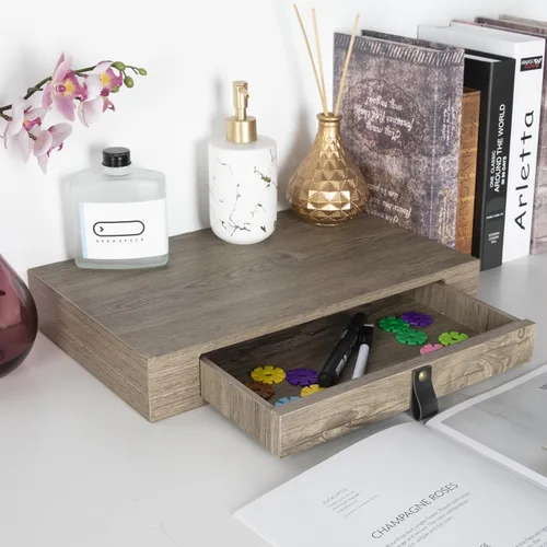 Vista 4 de Juego de 2 estantes flotantes con cajón, mesita de noche para dormitorio, baño o cocina, estante de pared de 16 pies con almacenamiento, color gris
