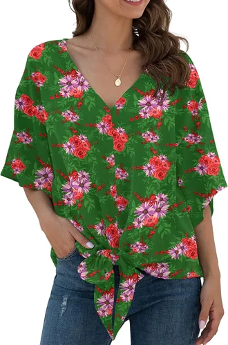 Vista 49 de VIISHOW Womens Tie Front Chiffon Blouses V Neck Batwing Short Sleeve Summer Tops Shirts Albaricoque