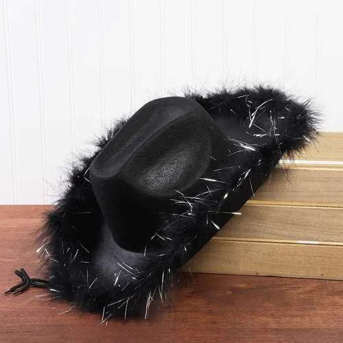 Vista 4 de Cowboy Hats for Women and Men - Fluffy, Sparkly Cowgirl Hat with Feathers for Costume, Dress Up Birthday, Party