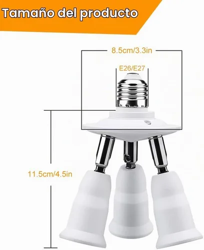 Vista 4 de ELECTOP Divisor de enchufe ajustable E26 E27, soporte de lámpara adaptador de base de bombilla blanca 3 en 1, giro de 360 grados de flexión de 180