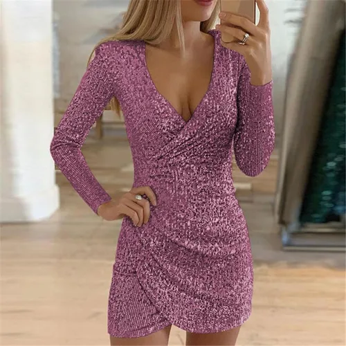 Vista 5 de CROSSBABY Vestido casual de manga corta para mujer, sexy, cuello en V, asimétrico, dobladillo escalonado, lentejuelas brillantes, delgado, elegante