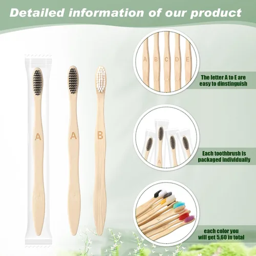 Vista 5 de Sieral 60 cepillos de dientes de bambú a granel cerdas suaves envueltos individualmente, cepillo de dientes de madera natural para personas sin