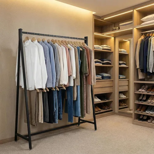 Vista 3 de MyGift Percheros de ropa modernos de metal resistente de 47 pulgadas con marco en A para colgar ropa, percheros independientes de grado comercial