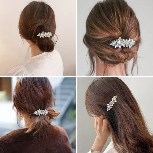 Vista 3 de WHAVEL 2 pinzas para el pelo de perlas, pinzas para el cabello con diamantes de imitación, accesorios de perlas para dama de honor, boda