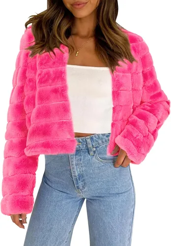Vista 17 de Allegra K Abrigo chaqueta de piel sintética para mujer de manga larga recortado esponjoso sin cuello casual cálido de invierno ropa exterior