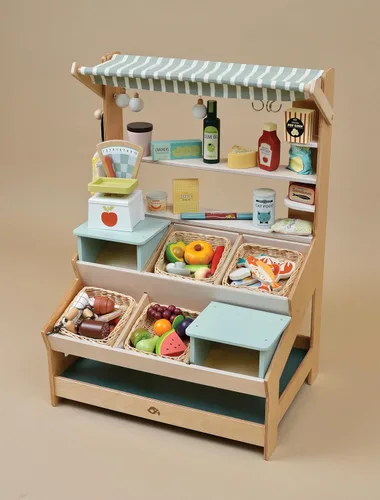 Vista 8 de Tender Leaf Toys - Cesta de mariscos - 6 piezas de mariscos de madera con cesta de mimbre hecha a mano, juego de comida de simulación, supermercado