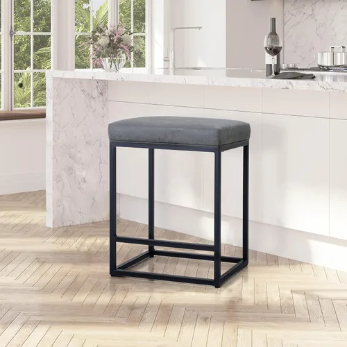 Vista 12 de Juego de 4 taburetes de bar marrones para encimera de cocina, taburetes de bar modernos sin espalda de 24 pulgadas, taburetes de bar industriales
