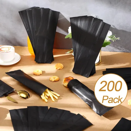 Vista 5 de Zhehao 200 bolsas de papel kraft, bolsas de churro, fundas de grasa para utensilios resistentes, cubiertos, galletas, panadería, dulces (negro)