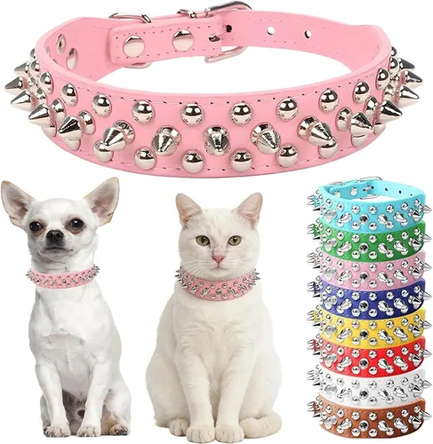 Vista 7 de Collar de perro con pinchos para perros pequeños, collares de cachorro macho con pinchos de cuero PU con remaches de hongos, collares tachonados