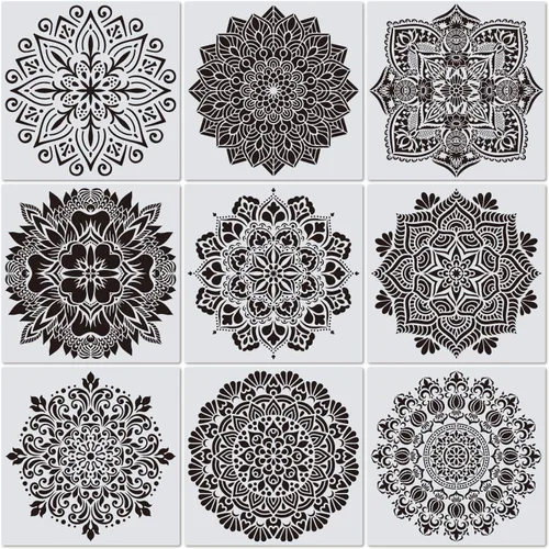 Vista 8 de Paquete de 9 plantillas de Rangoli grandes de 12 x 12 pulgadas, plantillas de mandala, plantilla de pintura cortada con láser para arte