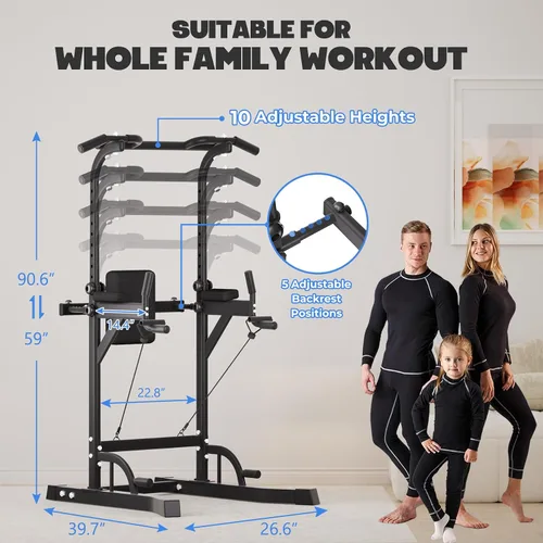 Vista 6 de Power Tower Pull Up Dip Station, Heavy Duty Pull Up Station Dip Bar Station Multi-Function Home Gym Strength Training Fitness Equipment 500LBS