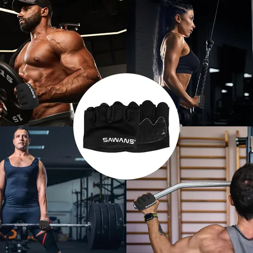 Vista 7 de SAWANS Guantes de entrenamiento antideslizantes para hombres y mujeres, levantamiento de pesas, gimnasio, ejercicio, fitness, negro, minimalista