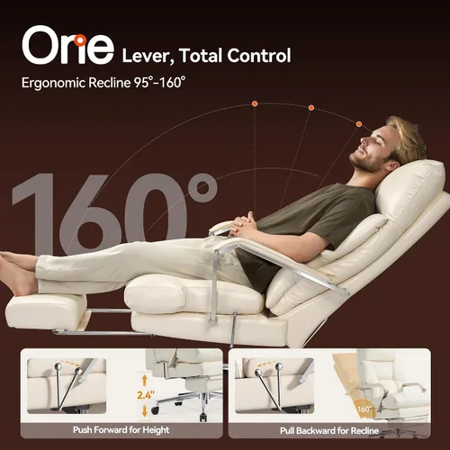 Vista 3 de OKUP M76 - Silla de oficina ejecutiva reclinable de 160° con reposapiés, silla de oficina de cuero con profundidad de asiento ajustable, cojín Crema