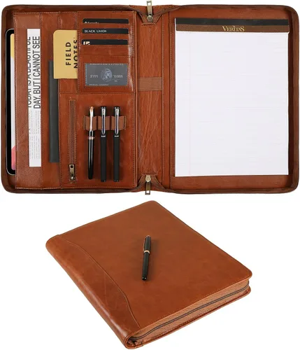 Vista 8 de Cartera de cuero genuino, organizador de padfolio de 11 x 14 pulgadas con cremallera, cartera profesional de negocios para hombres y mujeres