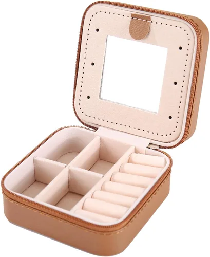 Vista 5 de KElofoN Joyero de viaje, joyero de viaje, organizador de joyas de viaje, caja organizadora de joyas pequeña para niñas y mujeres con espejo (café)