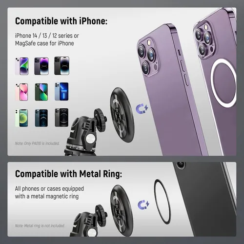 Vista 7 de NEEWER Soporte magnético para teléfono trípode con adaptador de rosca de 1/4" compatible con iPhone MagSafe, palo selfie para 15 Pro Max 15 Plus 14