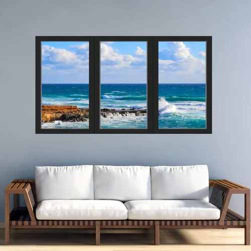 Vista 2 de VWAQ - Calcomanía de pared con vista de playa 3D para ventana de oficina, despegar y pegar, mural de escena oceánica - OW14