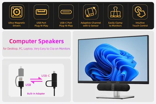 Vista 2 de Altavoces de computadora para monitor de computadora de escritorio, enchufe USB, con cable, barra de sonido de computadora para PC, altavoces
