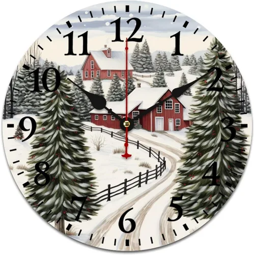 Vista 14 de Reloj de madera con árboles de Navidad y copos de nieve, reloj de pared redondo azul para interiores, funciona con pilas, silencioso, sin ruido