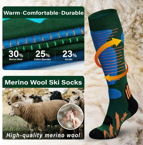 Vista 2 de Calcetines de esquí de lana merino para hombre y mujer, 2 pares para esquí, snowboard, térmicos hasta la rodilla, calcetines de rendimiento