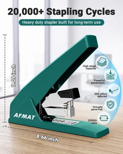 Vista 2 de AFMAT Engrapadora resistente, capacidad de 100 hojas, 50% menos esfuerzo Verde