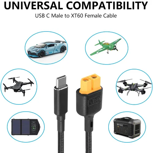 Vista 5 de SinLoon Cable de carga tipo C a XT60 de 39.3 pulgadas USB C a XT60 hembra Cable adaptador para dron, modelo, energía de almacenamiento de energía