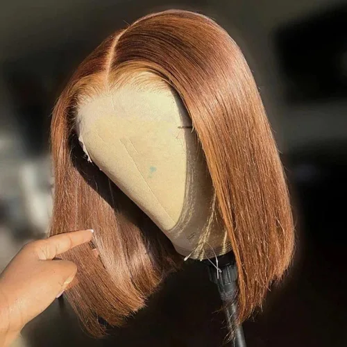 Vista 49 de Pelucas de cabello humano lacio marrón rojizo de 8 pulgadas, #33 13x4 HD, transparente, color marrón rojizo, peluca frontal de encaje frontal