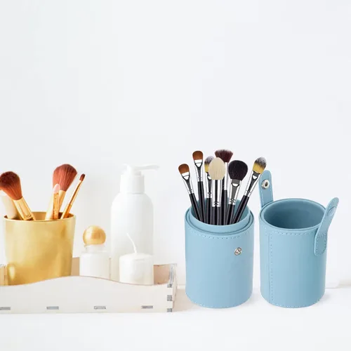 Vista 9 de FOMIYES Soporte para brochas de maquillaje con tapa, estuche de viaje para brochas de viaje, bolsa de piel sintética, organizador de cosméticos