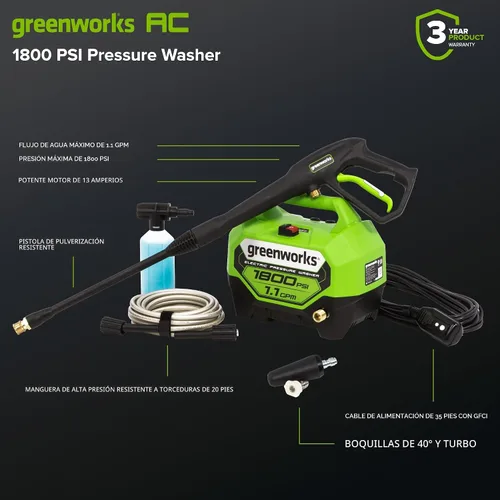 Vista 3 de Greenworks Lavadora a presión eléctrica de 1800 PSI (1.1 GPM) con certificación PWMA