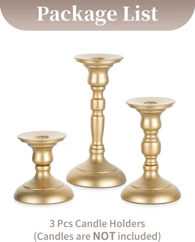Vista 6 de Sziqiqi Portavelas dorados decorativos: candelabros para pilares, juego de 3 portavelas cónicos para mesa de boda, chimenea, mantel de vacaciones