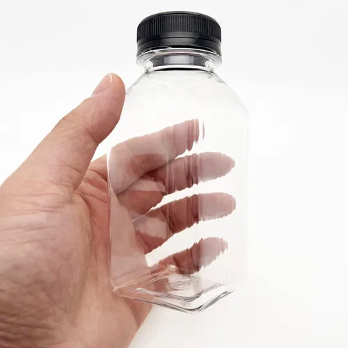 Vista 3 de 3 botellas de plástico de 8 onzas, recipientes reutilizables para bebidas a granel para jugo, leche y otras bebidas, tapa negra