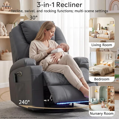 Vista 11 de Dual-Motor Power Swivel Rocker Recliner Chair with Heat & Massage Light Gray