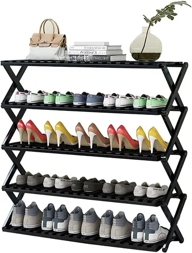 Vista 4 de Zapatero plegable de bambú negro para entrada, estante de zapatos sin instalación, organizador de zapatos que ahorra espacio y almacenamiento