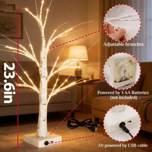 Vista 5 de Árbol de abedul iluminado para el día de San Valentín con adornos de corazón, lámpara LED romántica de árbol de ramita de abedul de mesa, 24 luces