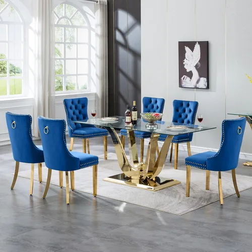 Vista 22 de Moderno juego de mesa de comedor de cristal de 5 piezas para 4, 70 pulgadas rectangular con 4 sillas copetudas de terciopelo beige, juego de mesa