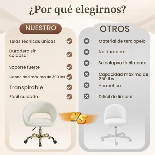 Vista 6 de Silla de tocador con ruedas (grande), silla de oficina en casa chapada en titanio dorado, 300 libras, moderna silla giratoria de terciopelo
