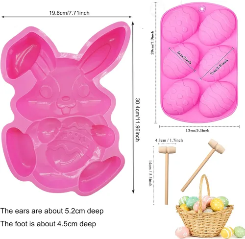 Vista 2 de Molde de conejo grande para huevos de Pascua, molde de silicona con forma de huevo de Pascua en 3D, molde de silicona para pastel de conejo de Rosa