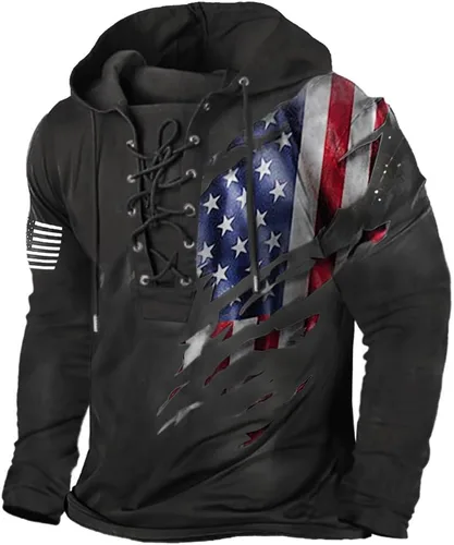 Vista 13 de Bengbobar Sudaderas con Capucha Tácticas Militares para Hombre Retro Desgastadas con Estampado de Bandera Americana Pullover con Cordones Bandera