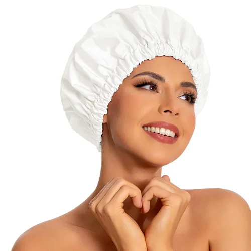 Vista 40 de Gorro de ducha reutilizable para mujer, grande, impermeable, lavable, banda elástica, accesorios de baño, sombrero para cabello largo, trenzas Beige