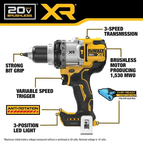 Vista 2 de DEWALT Taladro de martillo inalámbrico de 1/2 pulgada MAX XR de 20 V, solo herramienta desnuda (DCD1007B)